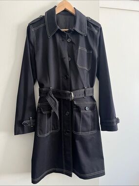 90’s Black Trench Coat with White Contrast Stitching, Size S